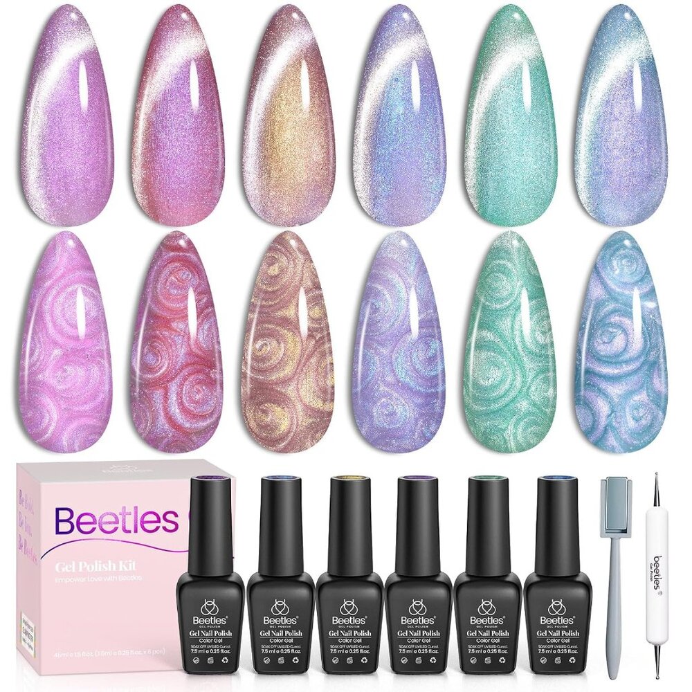 Beetles Pearl Gel Nail Polish, 6 Colors Shimmer Cat Eye Holographic Glitter Nail